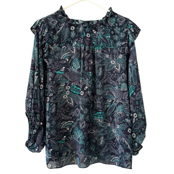 Anthropologie Maeve Floral Button Up Blouse Boho Size L Pleated Ruffles Peasant - Picture 2 of 13